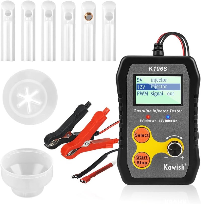 Kawish Universal Fuel Injector Tester and Cleaner Tool, DIY Cleaning Tool Kit for PWM, Adjustable Pulse Width Freq & Count, Two Injectors Test Simultaneously with 5 Modes, 6 Size Cleaning Adapters - Image 1